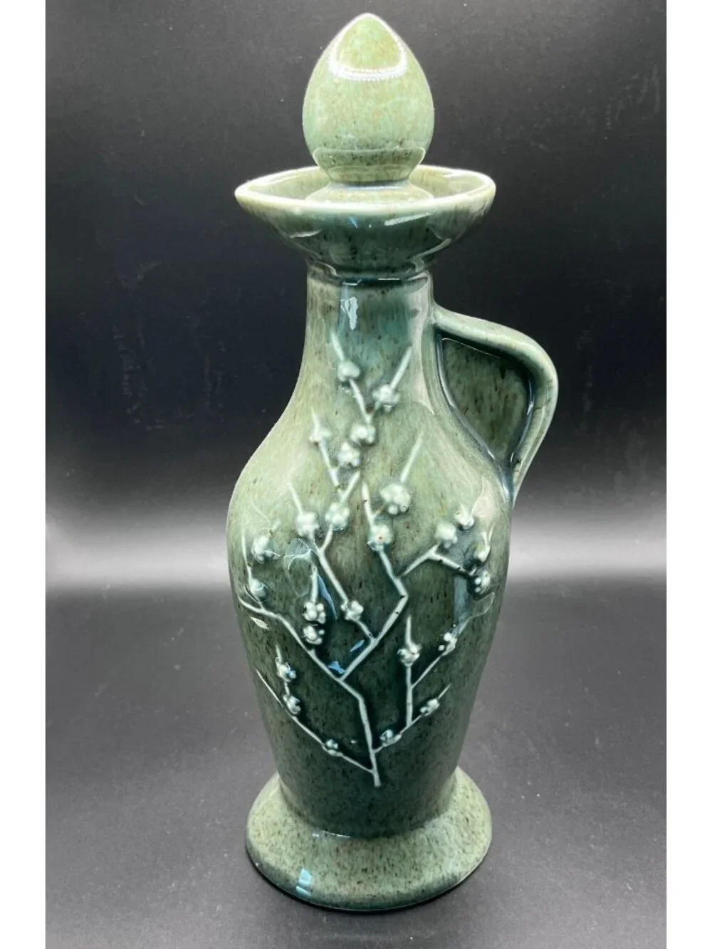 Vintage Jim Beam Green Ceramic Decanter // Asian Floral Design // Cork Stopper